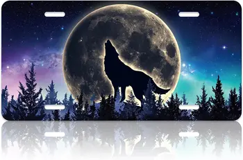 זאב הירח לוחית הרישוי הזאב ליל ירח מלא לוחית כיסוי רכב מול רכב צלחות מצחיק חידוש יהירות תווית לקשט